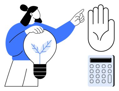 İçinde bitki olan ampulü tutan kadın öne bakıyor. El izi ve hesap makinesi de dahil. Sürdürülebilirlik, yenilik, çevre dostu tasarım, çevre, sorumluluk için ideal