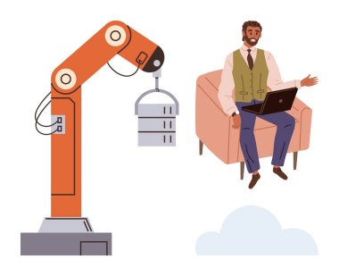 İşadamı elinde dizüstü bilgisayarla sandalyede oturmuş robot kol kaldırma sunucusu ekipmanlarını kontrol ediyor. Otomasyon, robot bilimi, teknoloji, uzaktan çalışma, yenilik, bilişim süreci ve zekice çözümler için ideal. Basit.