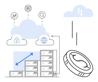 Oklarla buluta bağlı veri sunucuları, güvenlik, kullanıcı, arama ve dünya için simgeler. Madeni para, finansal akışı simgeler. Teknoloji, finans, güvenlik veri bağlantısı için ideal küresel erişim