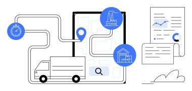 Nakliye kamyonu, dijital haritaya, lokasyon pimine, kronometreye, fabrikaya ve analitik parşömene bağlandı. Ulaşım, dağıtım, lojistik verimlilik planlama zincir verileri için ideal. Basit.