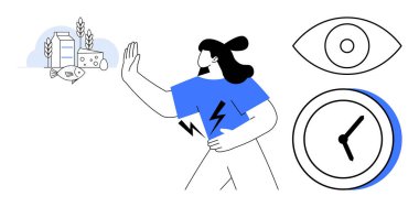 Alerji yapan yiyeceklerden kaçınan bir kadın, göz ve saat simgeleriyle vurgulanan süt, peynir ve balıktan kaçınıyor. Sağlık, alerji, diyet, sağlık, zaman yönetimi farkındalığı için ideal