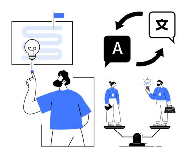 İnsan fikir üretir, çok dilli çeviri elementleri, eşitliği tasvir eden denge ölçeği. Yaratıcılık, yenilik, takım çalışması, küreselleşme, çeşitlilik eşitliği problem çözme için idealdir. Basit düz