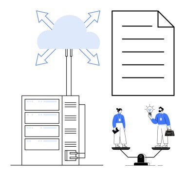 Veri paylaşımı için buluta bağlı ağ sunucusu, belge dosyası, iki kişinin fikirlerini paylaştığı dengeli ölçek. Takım çalışması, işbirliği, veri yönetimi, bulut teknolojisi ve denge için ideal
