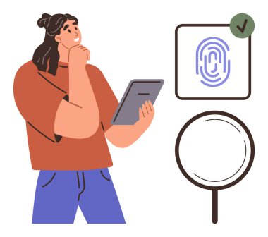 Tablet tutan kadın, işaret ve büyüteçle parmak izlerini inceleyen güvenlik, kimlik ve teknoloji kavramlarını ileten kadın. Biyometrik, siber güvenlik, araştırma ve veri için ideal