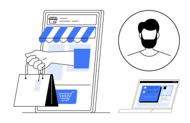 El ele tutuşan çantalar mobil mağazadan yayılıyor, kullanıcı profili daire şeklinde, mavi ekran arayüzlü dizüstü bilgisayar. Ekommerce, dijital etkileşim, çevrimiçi iş, teknoloji için ideal