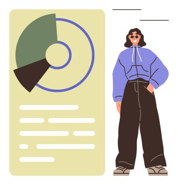 Günlük giysiler içinde, içinde bir pasta grafiği ve veri metni bulunan bir bilgi grafiğinin yanında duran kişi. İş analizi, istatistik, veri sunumu, takım çalışması, eğitim, büyüme için ideal