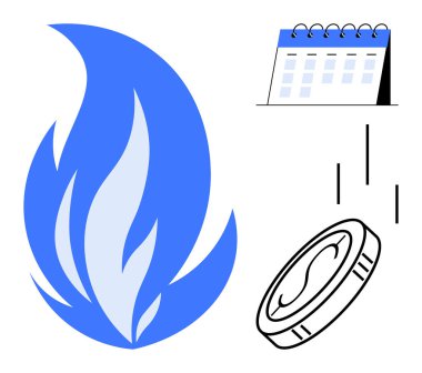 Risk ve enerjiyi simgeleyen mavi alev, zamanı veya planlamayı gösteren bir takvim ve yatırımı veya finansal büyümeyi temsil eden düşen bir para. Finans, planlama ve risk yönetimi için ideal
