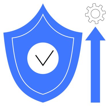 İşaretli mavi kalkan, dişli sembolü ve yukarı doğru ok sistem korumasını, ilerlemeyi ve optimizasyonu simgeliyor. Güvenlik, güvenilirlik, büyüme, yenilik güven teknolojisi güvenliği için ideal