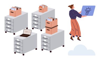 Organize dosya dolapları, dosyalar ve dizüstü bilgisayarın yanında ampul grafiği olan yaratıcı bir fikir panosu tutuyor. Yaratıcılık, organizasyon, ofis iş akışı, üretkenlik, takım çalışması, yenilik için ideal