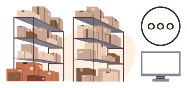 Paketler, kutular, bilgisayar monitörleri ve yükleme göstergeleriyle dolu depolama rafları. Lojistik, envanter, tedarik zinciri, depo yönetimi, nakliyat, e-ticaret ve organizasyon için ideal