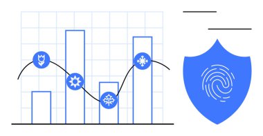 Kalkanın yanında mevsimlik simgelerin ve trend çizgilerinin olduğu çubuk grafiği parmak izi içeriyor. Veri koruması, güvenlik, iş analizi, risk yönetimi, siber güvenlik, biyometrik, mevsimsel eğilimler için ideal