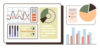 Veri panelinde performans analizi için pasta grafikleri, çubuk grafikler ve ilerleme izleyicileri bulunur. Analiz, iş incelemesi, veri eğilimleri, performans, raporlama, istatistik teknolojisi için ideal