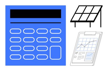 Mavi hesap makinesi, güneş paneli ve çizelgeli pano temiz enerji yatırımı, finansal planlama ve sürdürülebilirliği vurguluyor. Finans, enerji yönetimi, teknoloji ve çevre dostu için ideal