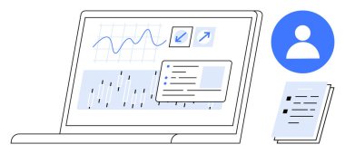 Grafikleri, analizleri, görev listesini gösteren ve araçları bir kullanıcı profili simgesi ve belgelerle yeniden boyutlandıran bir dizüstü bilgisayar. Analiz, iş akışı, verimlilik, takım çalışması, araştırma organizasyonu için ideal