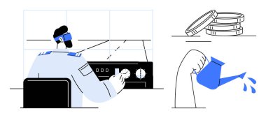 Pilot uçak gösterge paneli, yatırımı temsil eden madeni paralar ve sulama büyümeyi sembolize edebilir. Havacılık, finans, yetiştirme, ilerleme, takım çalışması sürdürülebilirlik yeniliği için idealdir. Basit.