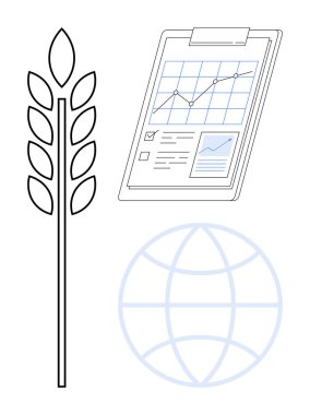 Buğday sapı, grafikli pano ve küresel ticaret, analitik, araştırma, tarım, veri güdümlü kararlar ve sürdürülebilir büyümeyi basit bir düz metafor olarak temsil etmektedir.