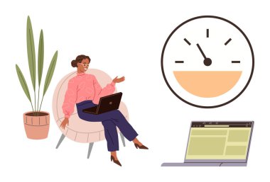 Dizüstü bilgisayar kullanan bir kadın, zamanı simgeleyen zamanlayıcı, sakince odaklanmak için bitki. Üretkenlik, iş hayatı dengesi, uzaktan çalışma, teslim tarihleri, zaman yönetimi, verimlilik için ideal basit