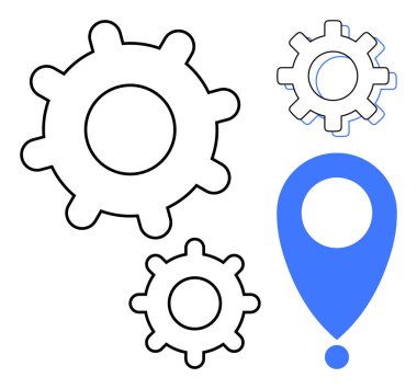 Birbirine bağlı vitesler ve mavi bir harita lokasyonu işbirliği, navigasyon ve işlem optimizasyonunu sembolize ediyor. Yenilik için ideal, takım çalışması, strateji, verimlilik, yön tarifi, teknoloji basit