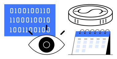 Göz, gözlemin altını çizer, ikili kod veriyi vurgular, para maddi yönü sembolize eder ve takvim de zamanlamayı vurgular. Teknoloji, veri analizi, vizyon, finans ve planlama için ideal
