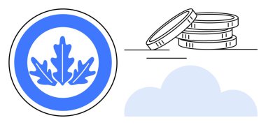 Meşe yaprağı rozeti, birikmiş paralar ve bulut ekolojik bilinçli para birimi, finansal büyüme ve sürdürülebilir dijital yeniliği vurguluyor. Yeşil yatırım, tasarruf, çevre ve bulut teknolojisi için ideal