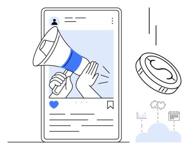 Akıllı telefon direğinde el ele megafon, bozuk para düşüşü, analitik simgeler. Dijital promosyon için ideal, çevrimiçi reklamcılık, nüfuzlu pazarlama, iş büyümesi, mali strateji, seyirci