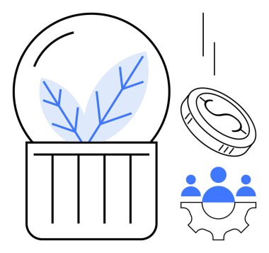 Yapraklı, bozuk paralı ampul ve ekipler vites içinde ekolojik bilinçli yenilik, finans ve takım çalışmasını ön plana çıkarıyorlar. Sürdürülebilirlik, iş, yenilik, ekoloji ekip çalışması büyümesi ve finansmanı için ideal