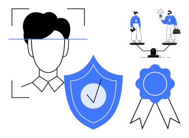 Yüz tanıma ve kalkan, fikir ve çözümlerle dengelenmiş iki kişi, sertifika kurdelesi. Güvenlik, eşitlik, mahremiyet, teknoloji, onaylama, güven iş ahlakı için ideal