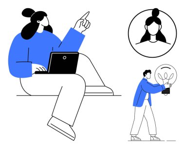 Dizüstü bilgisayarı olan bir kadın, daire şeklinde profil portresi, ampul taşıyan biri. Takım çalışması için ideal, yaratıcılık, beyin fırtınası, teknoloji, liderlik iletişimi yeniliği. Basit.