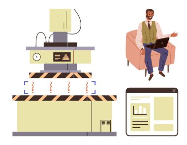 Kontrol göstergelerine sahip endüstriyel üretim makinesi, dizüstü bilgisayarla insan düzenleme ve analitik gösterge paneli. Endüstri, otomasyon, izleme, teknoloji, üretkenlik, uzaktan kumanda için ideal