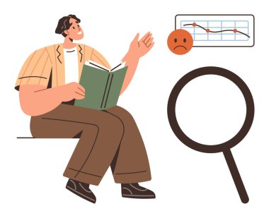Adam elinde açık bir kitapla oturmuş, düşen bir grafikte el kol hareketi yapıyor ve turuncu üzgün bir surat takınıyor. Büyüteç odak ve analizi sembolize eder. Araştırma, veri analizi, problem çözme temaları için ideal. Basit.