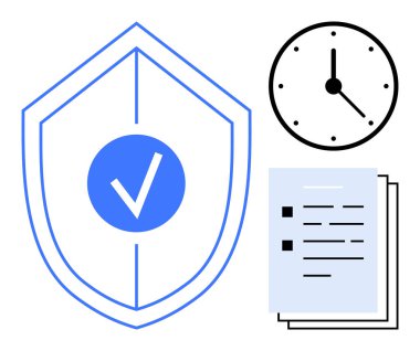 Koruma için işaretli bir kalkan, zaman yönetimi için saat, uyum için belgeler. Güvenlik, zaman takibi, güvenilirlik, onay süreçleri, güvenilirlik, basit sözleşmeler için ideal
