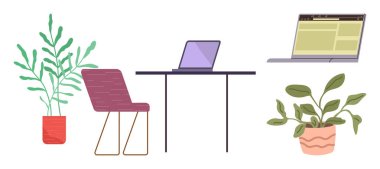 Pürüzsüz dizüstü bilgisayarı, modern koltuğu ve iş hayatı dengesini sağlayan iki saksı bitkisi olan bir masa. Uzaktan çalışma, ev ofisi, üretkenlik, asgari yaşam tarzı, rahatlama, dekor ve denge metaforu için ideal