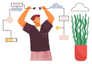 İnsan, bitki ve bulut yakınlarındaki işlem simgeleri ve sembollerle kabloları akış şemasına bağlıyor. Takım çalışması, strateji, yenilik, eğitim, dijital iş akışı, veri bağlantısı için ideal, basit düz