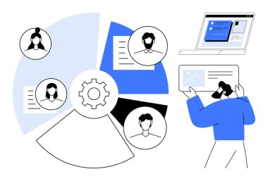 Segmentli bölümleri, takım portreleri, tabletli kullanıcı ve masa başı çalışma istasyonu olan gear merkezli bilgi. Çalışma akışı, takım çalışması, üretkenlik, analitik ve teknoloji araçları için ideal