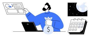 Profesyonel veri tabloları, birikim için dolar işareti, planlama için takvim, dünya çapında perspektif için dünya. Finans, yatırım, bütçe, analitik ve küresel pazar için ideal