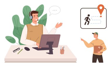 Masada gülümseyen bir temsilci, paket alıcısına işaret eden bir kulaklıkla. Görünür paket istikameti, rota haritası. Müşteri hizmetleri, lojistik, nakliye, e-ticaret, dağıtım, basit bir daire için ideal