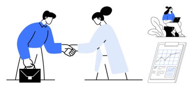 Ortaklığı sembolize eden iki profesyonel, dizüstü bilgisayarda çalışan bir kadın, panoda veri grafiği yükseliyor. Takım çalışması, iş, başarı, iletişim, işbirliği için ideal