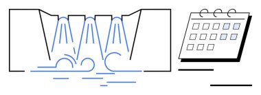 Baraj kapılarından akan su, kontrollü su yönetimini simgeliyor. Planlamayı simgeleyen bir takvimin yanında. Temalar için ideal su korunumu, enerji planlaması, zamanlama, zaman