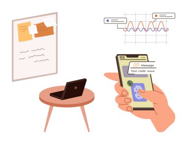 Parmak izi ve kodla kimliğini doğrulayan akıllı telefon, masadaki dizüstü bilgisayar, kağıt notlarla dolu duvar panosu, analitik çizelgesi. Siber güvenlik, teknoloji, üretkenlik, araştırma ve takım çalışması için ideal