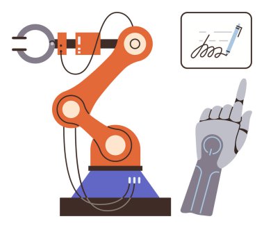 Kalem tutan robotik kol yukarı bakan gerçekçi bir robot elin yanında bir belge imzalar. Teknoloji, otomasyon, yapay zeka, robot bilimi, yenilik, fütüristik kavramlar, basit düz metafor için ideal.