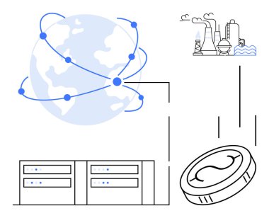 Dünya, duman yayan, veri sunucularını istifleyen ve dairesel ekonomi madeni paralarıyla birbirine bağlı. Küresel ekonomi için ideal, sürdürülebilirlik, çevresel etki, yenilenebilir enerji