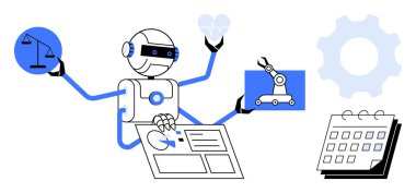 Birden fazla kolu olan robot adalet terazileri, kalp, endüstriyel robot, veri tabloları ve takvimle ilgileniyor. Yapay zeka, robot bilimi, otomasyon sağlık, hukuki teknik veri yönetimi için idealdir. Basit.