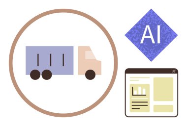 Çemberdeki minimal kamyon, yapay zeka amblemi ve gösterge paneli akıllı lojistik optimizasyonu sembolize eder. Teknoloji, tedarik zinciri, yenilik, otomasyon, veri analizi, ulaşım verimliliği için ideal