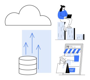 Veritabanlı bulut, yukarı doğru oklar, bar grafiğinde dizüstü bilgisayar kullanan kadın, online alışveriş konsepti. Bulut hesaplama, e-ticaret, iş büyümesi, veri analizi, pazar eğilimleri için ideal basit yenilikler