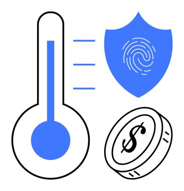 Sıcaklığı ölçen termometre, güvenliği sağlayan parmak izi olan kalkan ve finansı temsil eden para birimi. Finans, güvenlik, teknoloji, ölçüm, sağlık, siber güvenlik için ideal