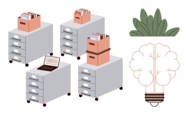 Belge kutularının olduğu dolaplar, organizasyon ve verimliliği vurgulayan dizüstü bilgisayarlar. Beyin şeklindeki ampul yaratıcılığı ve fikir üretimini ima eder. İş, ofis ve verimlilik için ideal