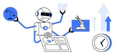 Robot işleri idare ediyor, adalet terazilerini tutuyor, otomasyonu kontrol ediyor, zaman saati, kalp, veri arayüzü. Yapay zeka, teknoloji, yenilik için ideal çoklu görev etiği üretkenlik otomasyonu