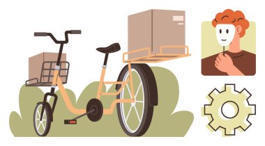 Kutu taşıyan kargo bisikleti, maske kaldıran insan ve teslimatı, kimliği ve yeniliği yansıtan vites şeklindeki bir vites. Lojistik, kendini keşfetme, mahremiyet, teknoloji sürdürülebilirlik işi için ideal