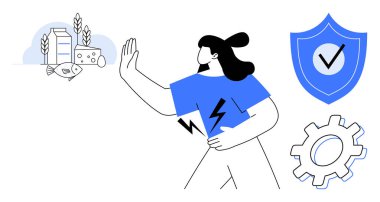 Midesi olan bir kadın, alerjik gıdaları reddeden bir jest süt, balık, peynir. Kalkan güvenliği sağlar, dişliler süreçleri önerir. Alerji, sağlık bilinci, önleme için ideal