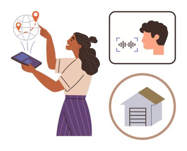 Koordinatları takip etmek için tablet kullanan bir kadın yüz tanıma için ikonlar ve akıllı bir ev garajı kullanıyor. Akıllı teknoloji, navigasyon, yüz kimliği, IOT, lojistik, veri entegrasyonu ve düz